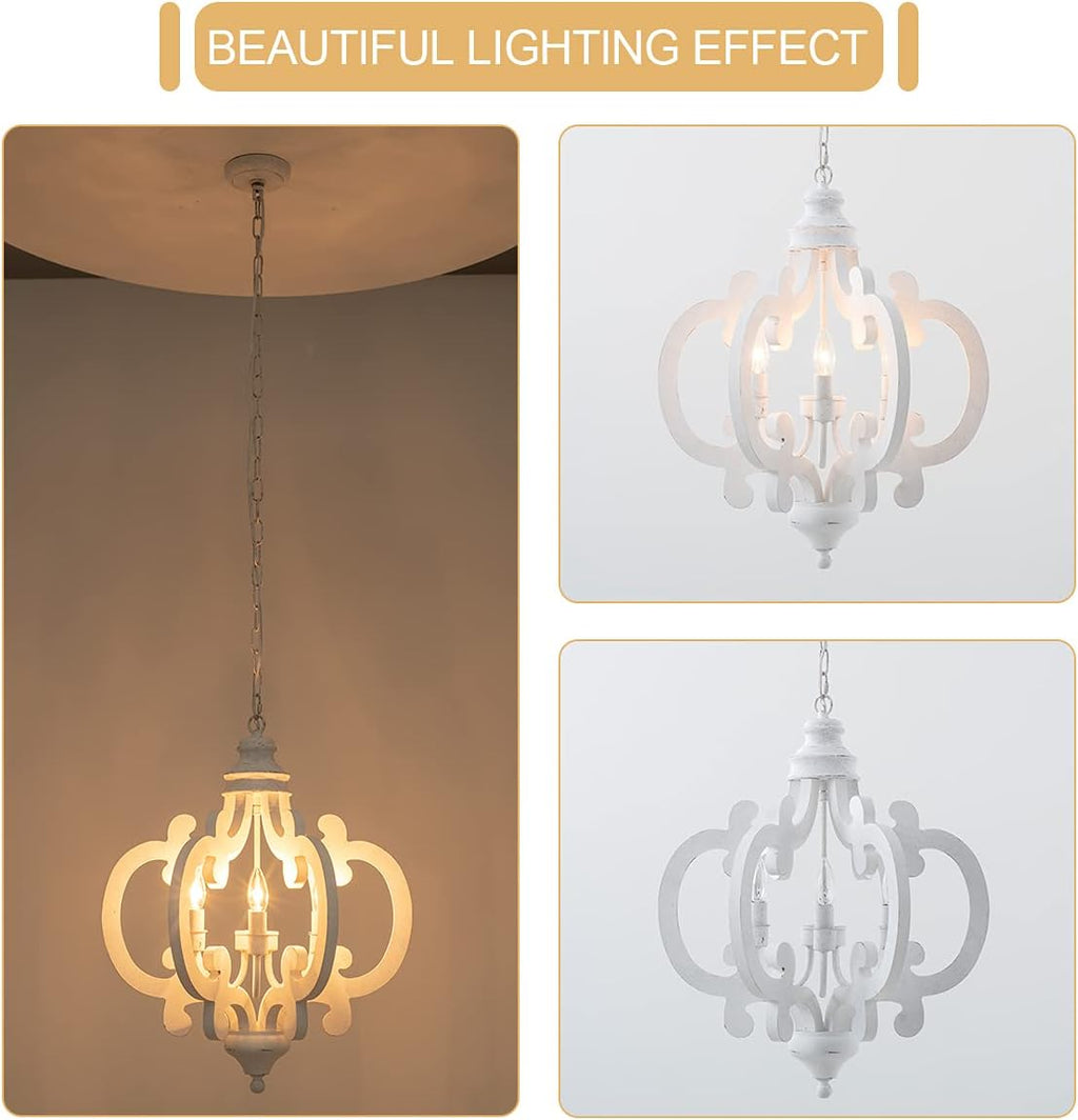 Farmhouse Chandelier 6 Candle Lights Distressed White Wood Light Fixture, 21 INCH M60704