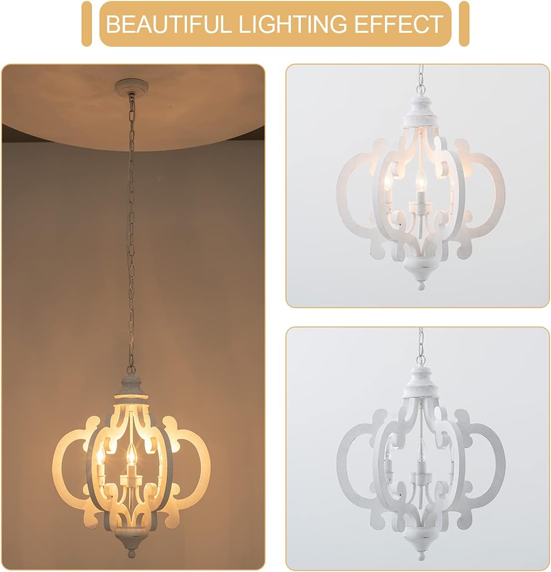 Farmhouse Chandelier 6 Candle Lights Distressed White Wood Light Fixture, 21 INCH M60704