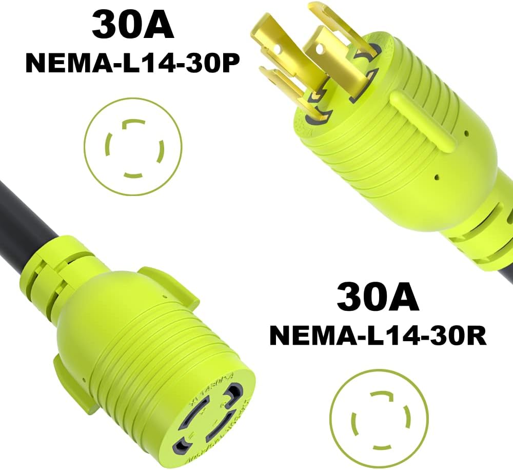4 Prong 30 Amp Generator Extension Cord, NEMA L14-30P/L14-30R, 10 Gauge SJTW, Twist Lock Plug, 125/250V, 30Amp 7500W, 15FT, Pack of 2 X391105