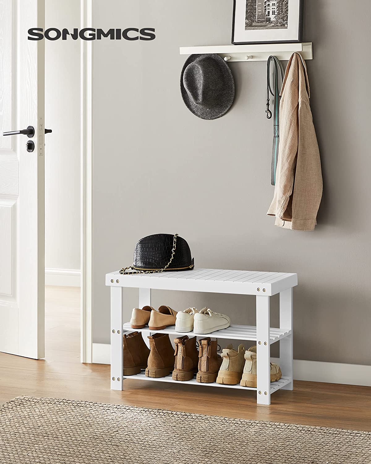 White 3-Tier Bamboo Shoe Rack Bench J376664