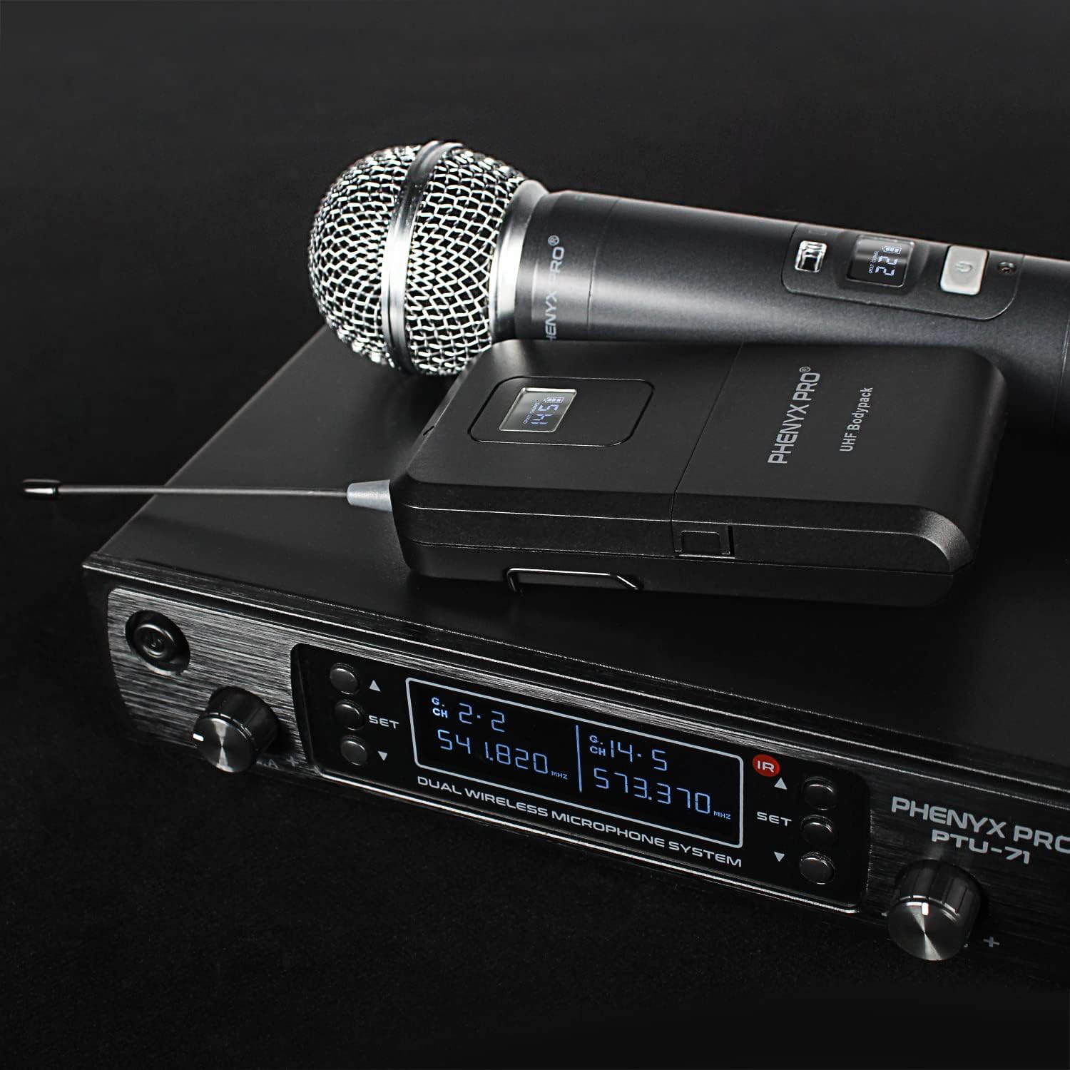 Dual Channel Wireless Microphone System with Handheld, Bodypack, Headset, Lapel J643