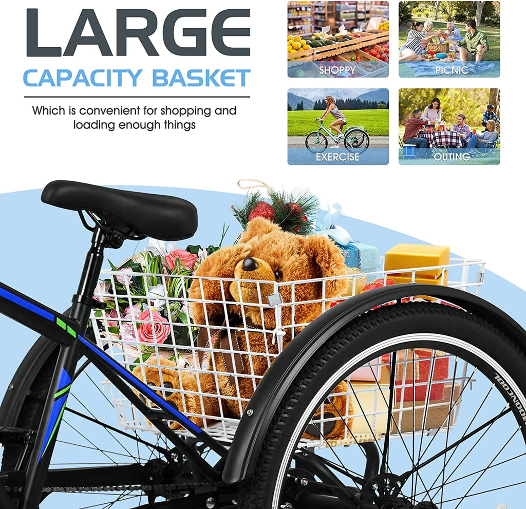 Adult Mountain Tricycle 27.5 Inch 7 Speed Three Wheel Trike Bike with Large Basket Y3573