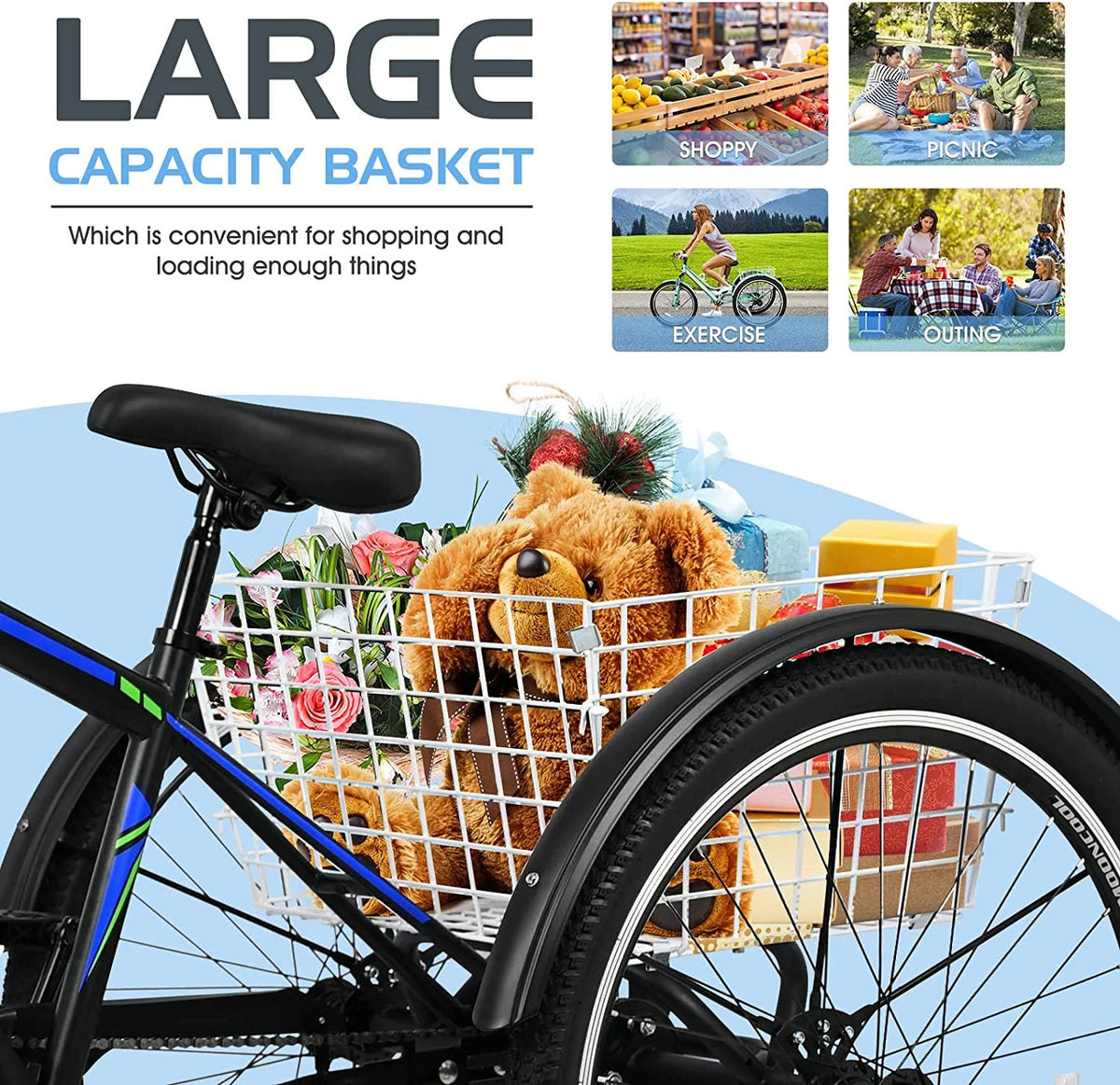 Adult Mountain Tricycle 27.5 Inch 7 Speed Three Wheel Trike Bike with Large Basket Y3573
