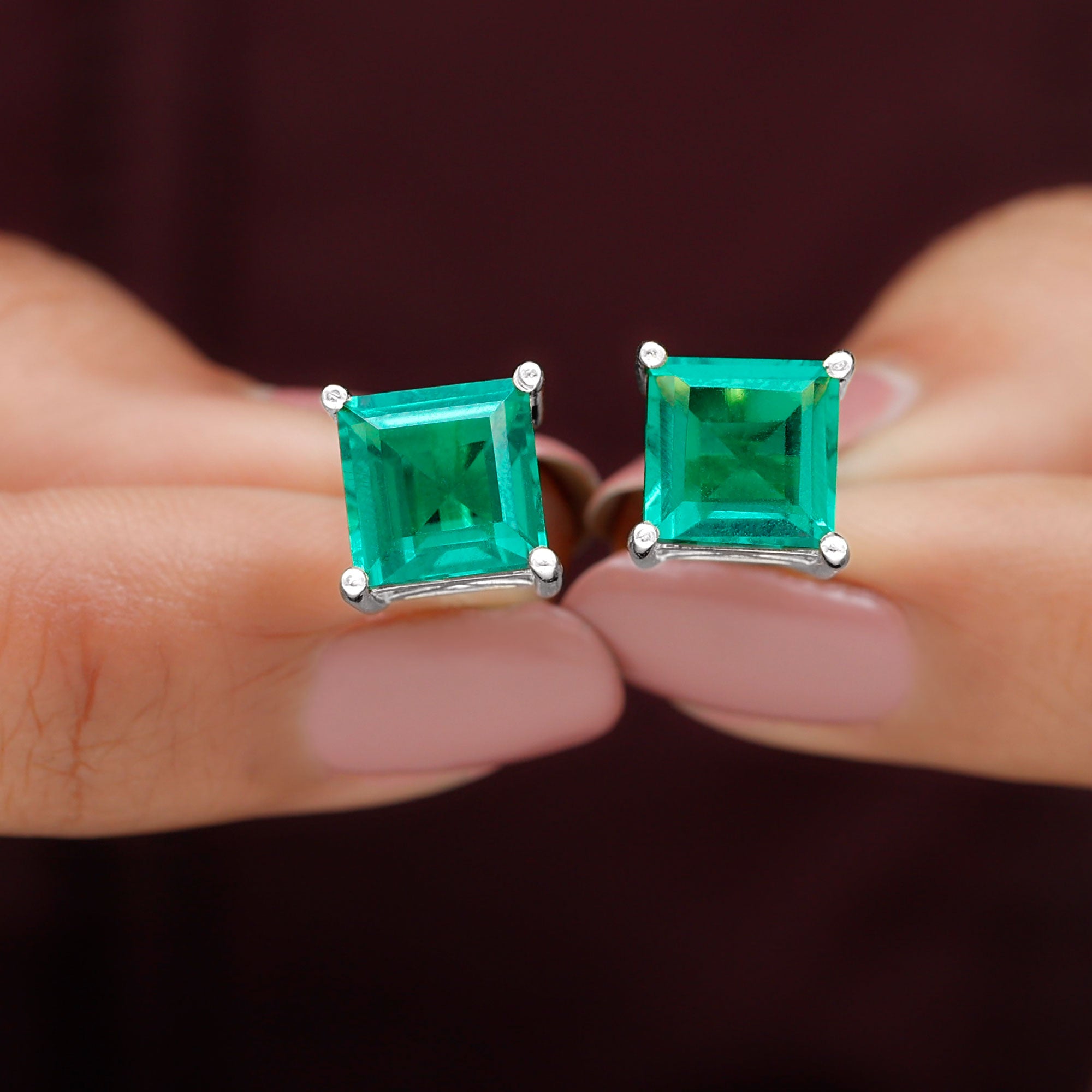 Princess Cut Created Emerald Solitaire Stud Earrings, 8 mm, 925 Sterling Silver J2305