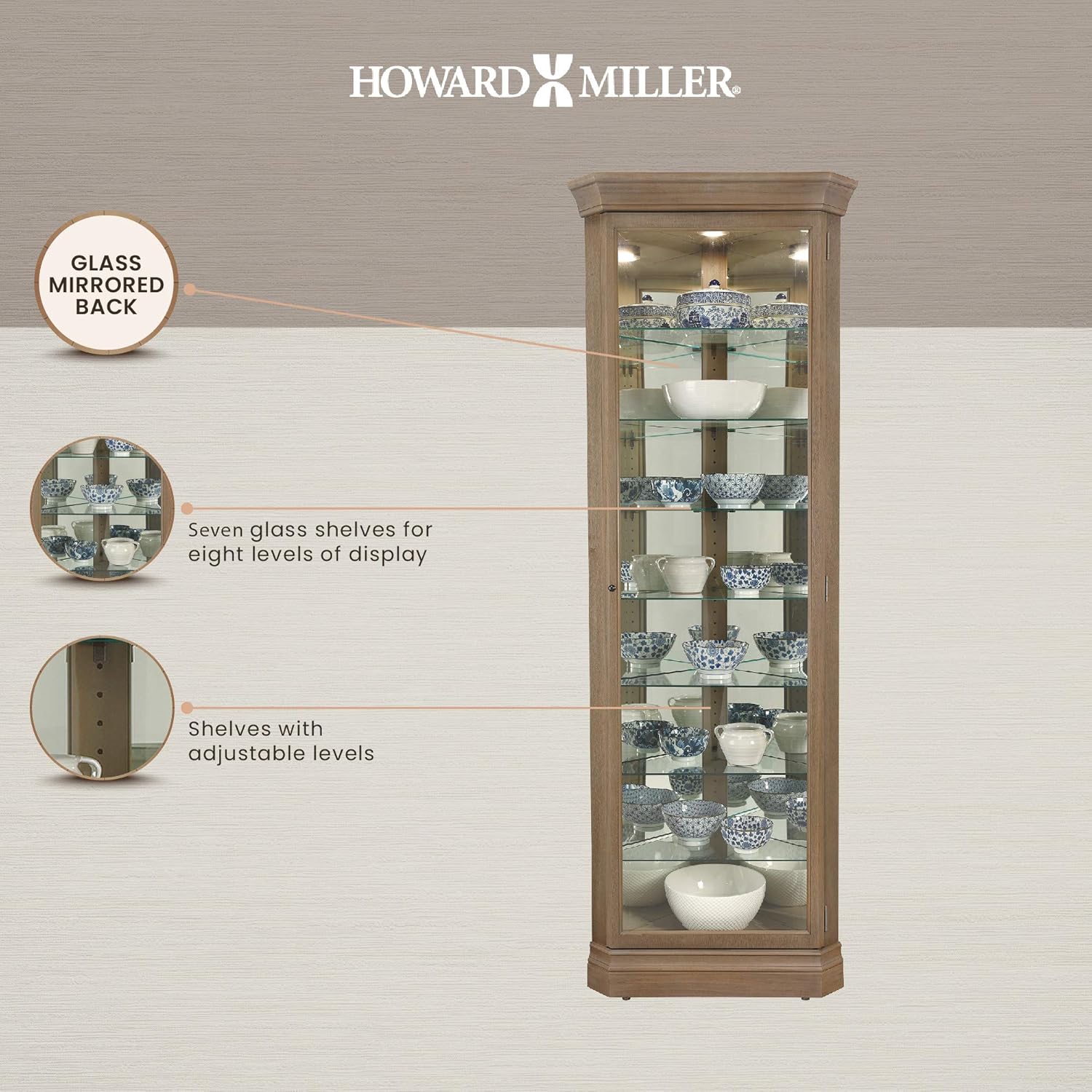 Aged Grey Curio Cabinet with Seven Glass Shelves H730956
