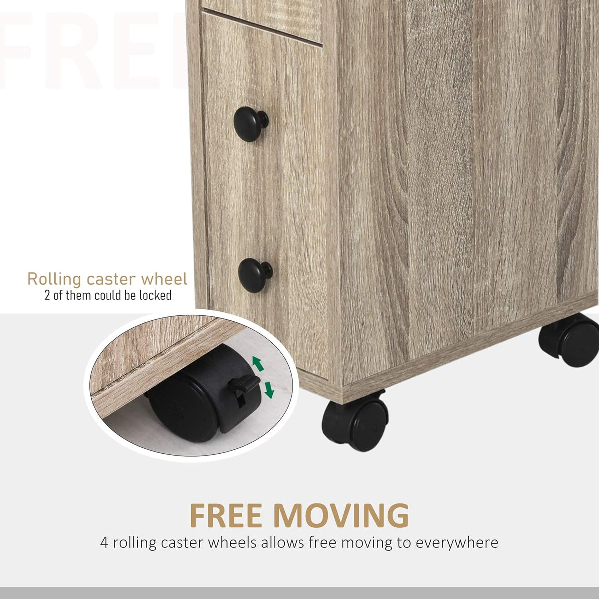Oak Grain Color Freestanding Bathroom Cabinet with 2 Open Cabinets, 1 Door Cabinet, 1 Drawer and 4 Rolling Wheels R6473