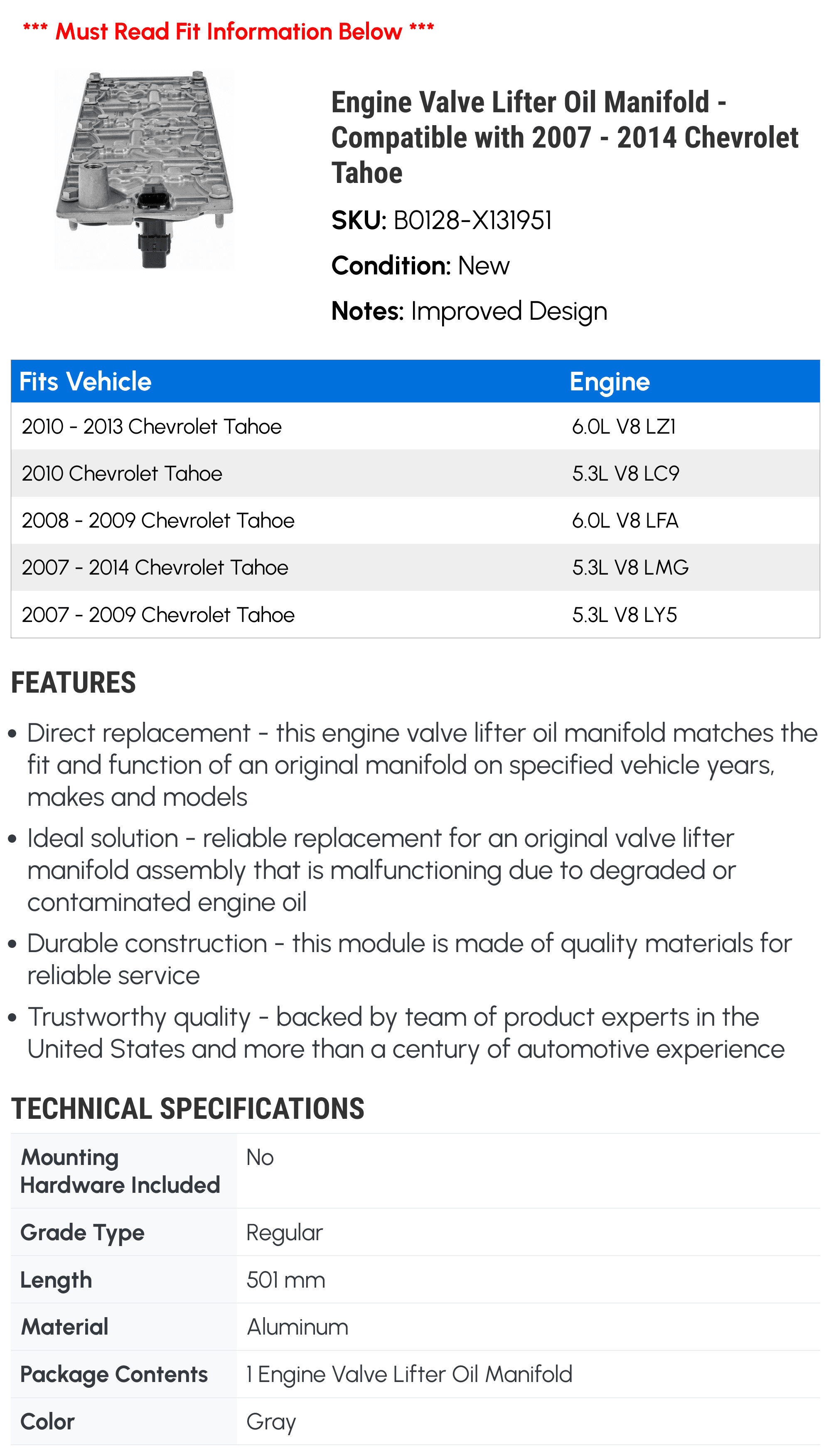 Engine Valve Lifter Oil Manifold S8002