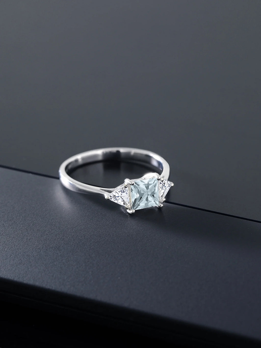 10K White Gold Sky Blue Aquamarine White Moissanite 3 Stone Engagement Ring P9893