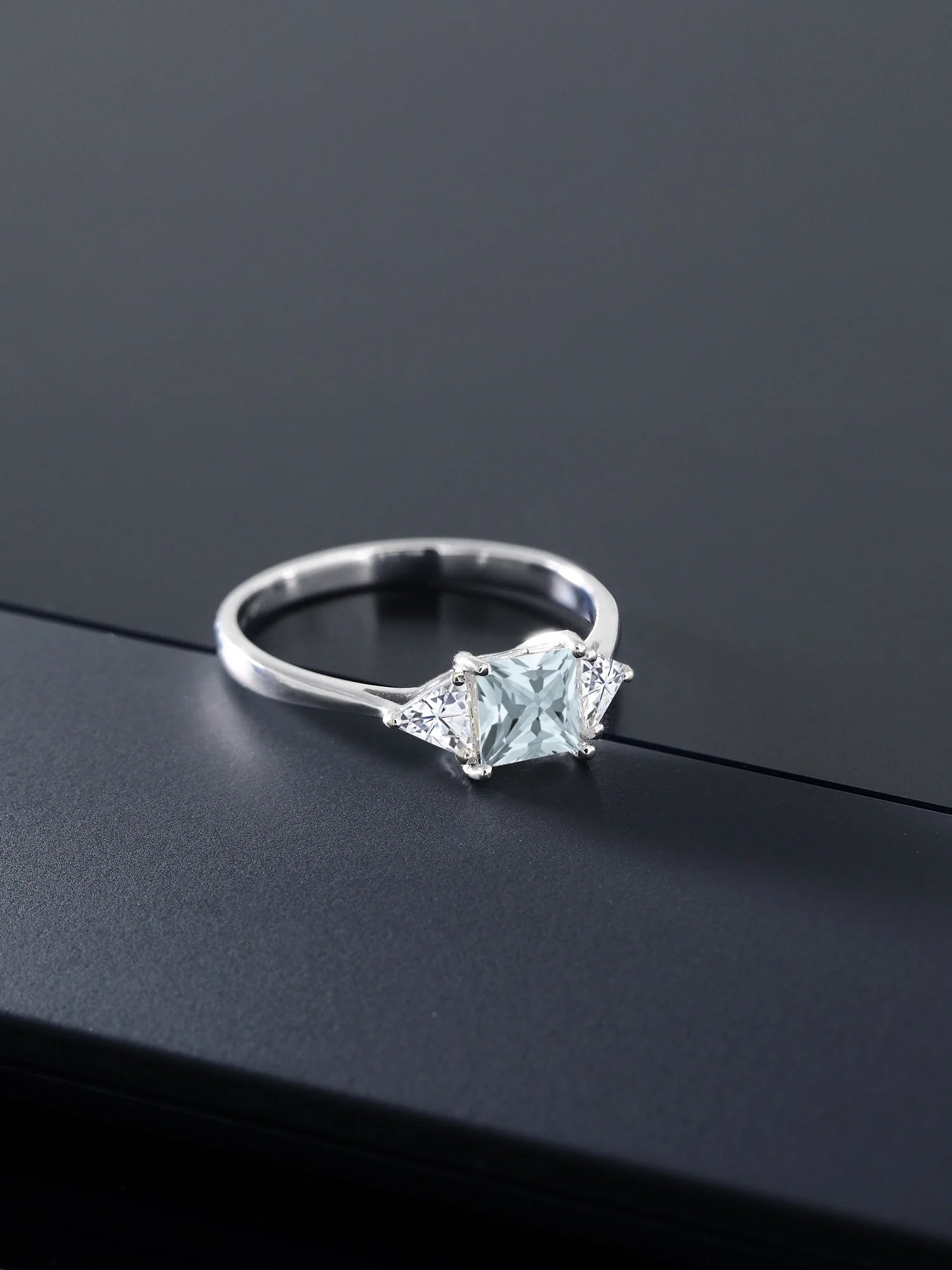10K White Gold Sky Blue Aquamarine White Moissanite 3 Stone Engagement Ring P9893