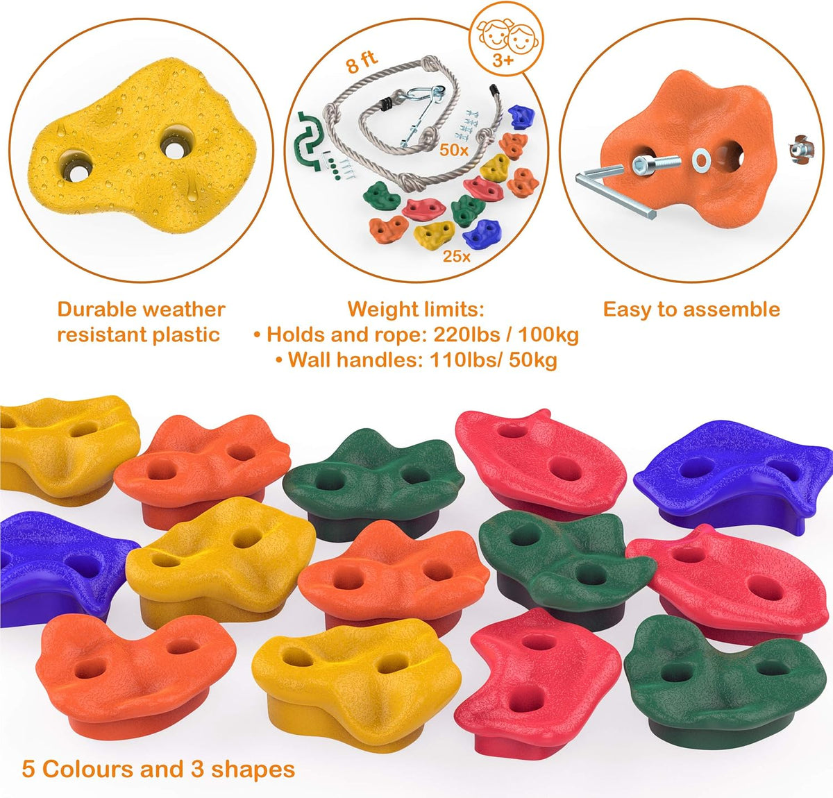 25 Pc Rock Climbing Holds with 8ft Knotted Rope and Carry Bag R45724