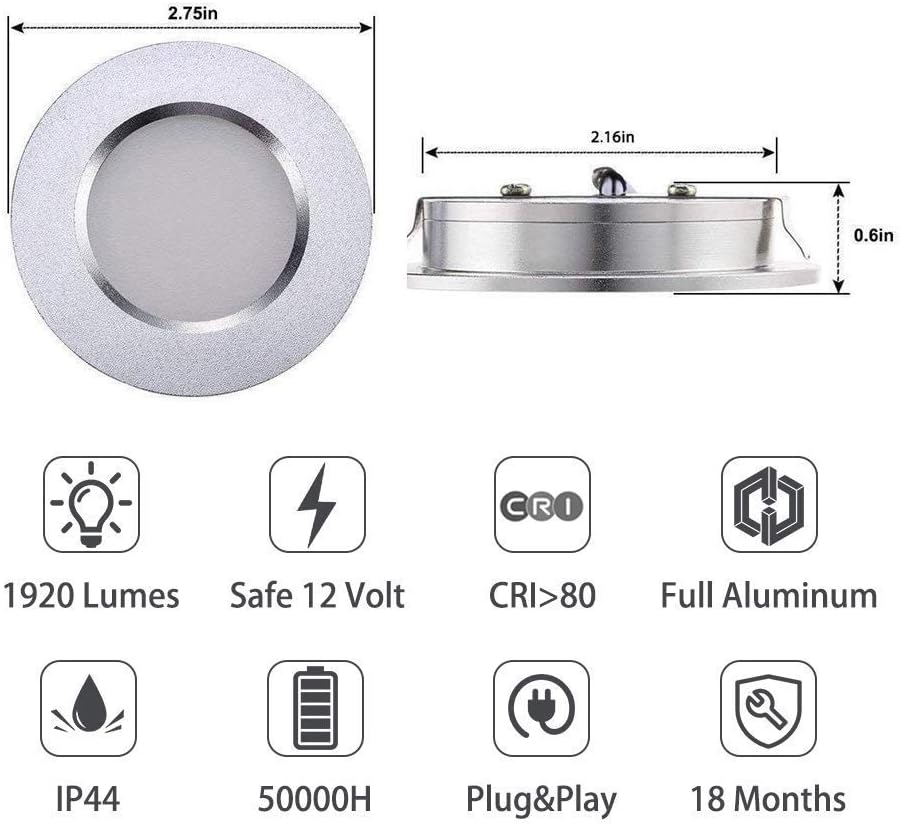 12V LED Recessed Cabinet Lights Waterproof Ultra-Thin 3000K Warm White 12 Pack Q547