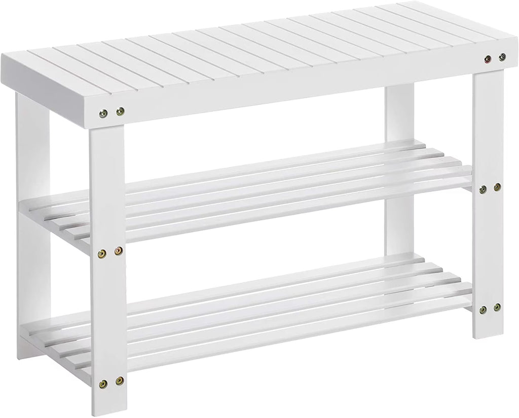 White 3-Tier Bamboo Shoe Rack Bench J376664
