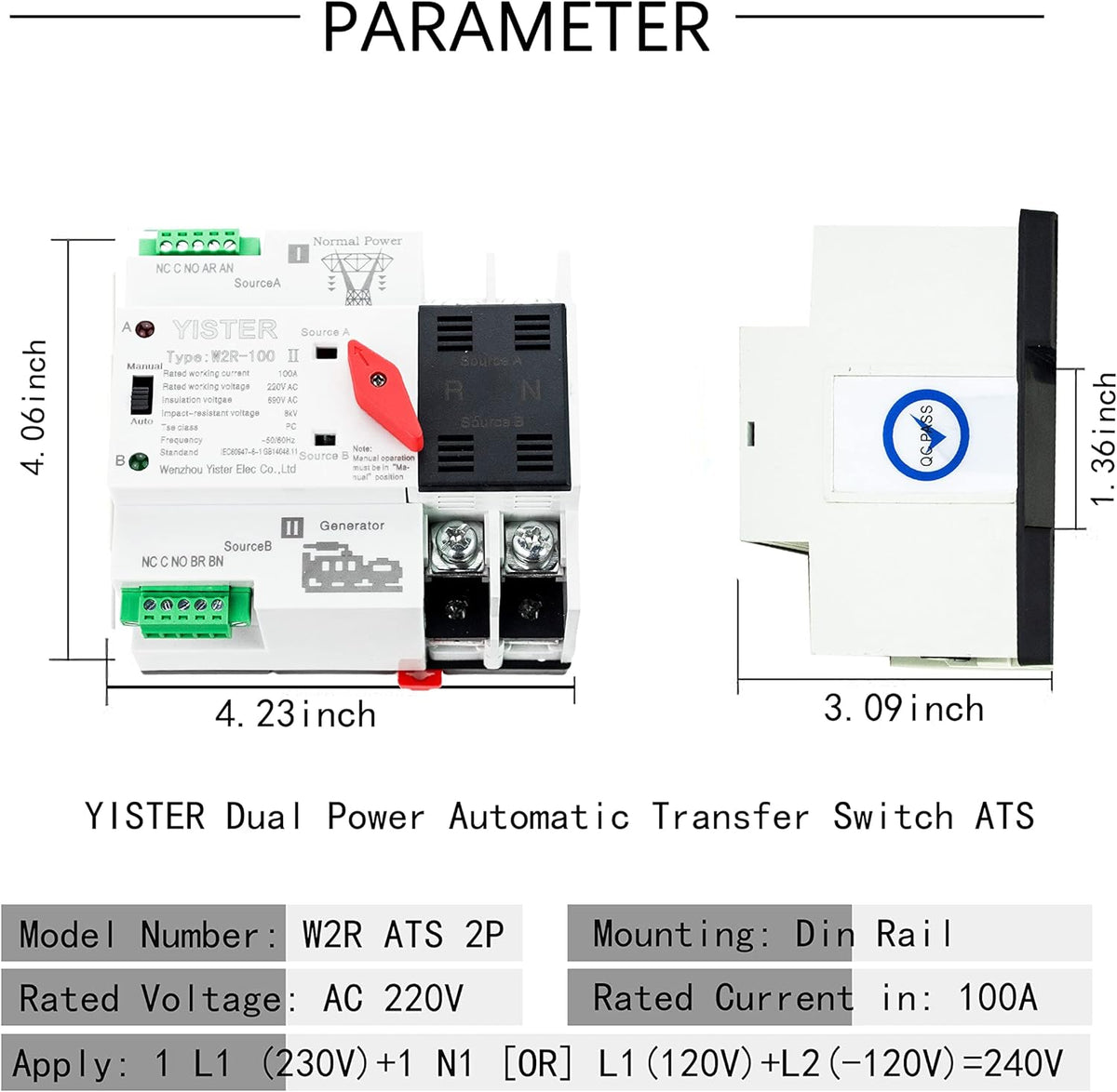 WiFi and RF433 Remote Control Dual Power Automatic Transfer Switch Ats 16-63-100A Rated 220V 240V Din Rail Mounted Controller G33806