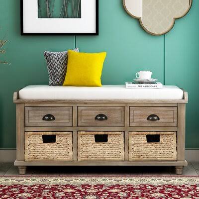 White Washed Wood Storage Bench W1763