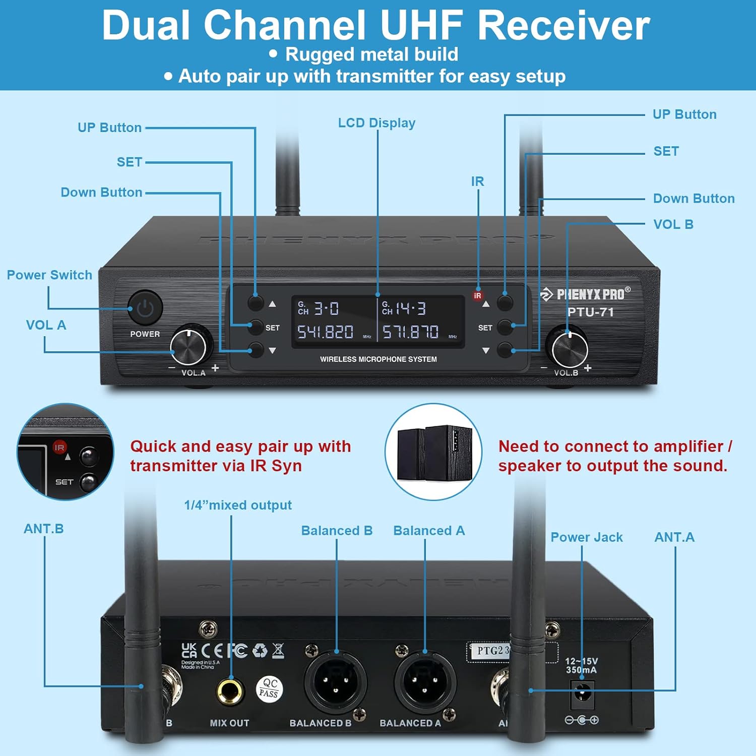 Dual Channel Wireless Microphone System with Handheld, Bodypack, Headset, Lapel J643