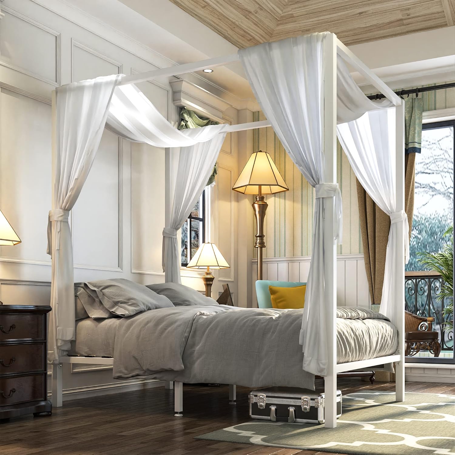 Metal Queen Size Canopy Bed Frame with Wood Slat Support I463983