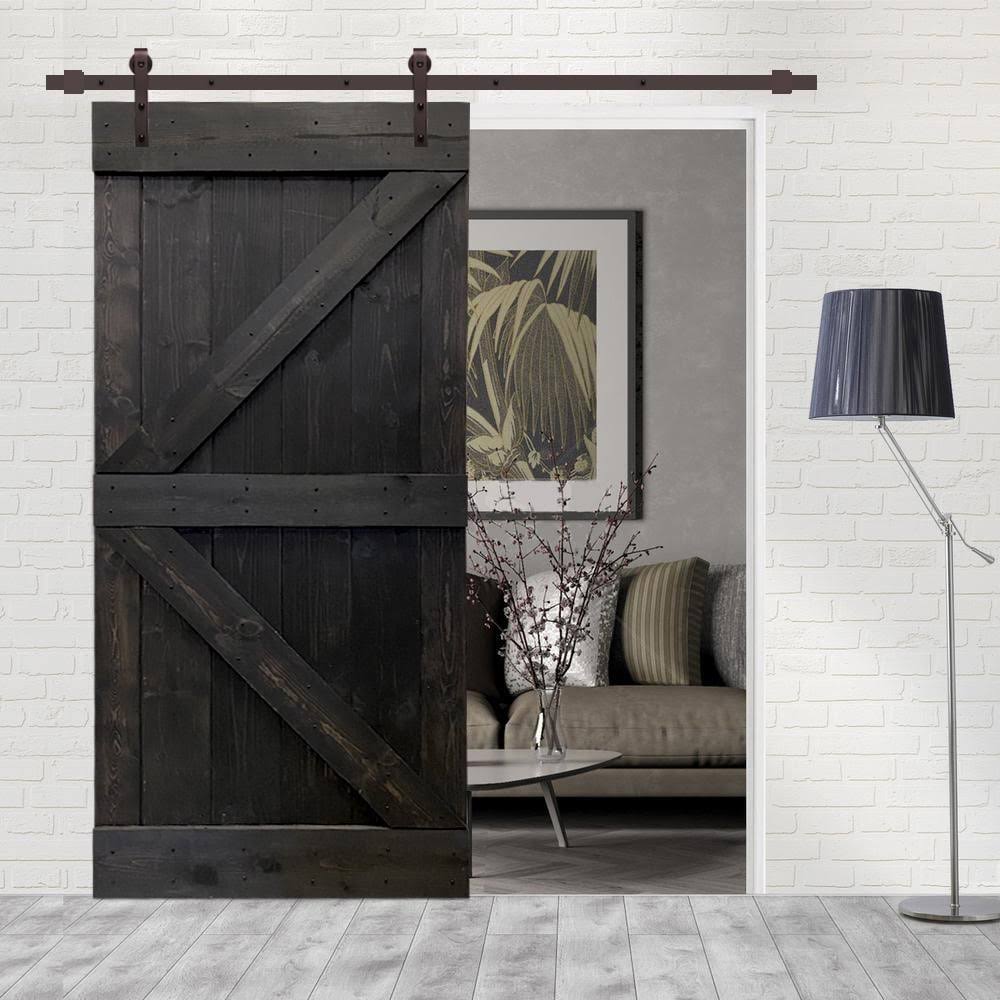 Charcoal Black Stained Wood Interior Sliding Barn Door with Hardware Kit F6973