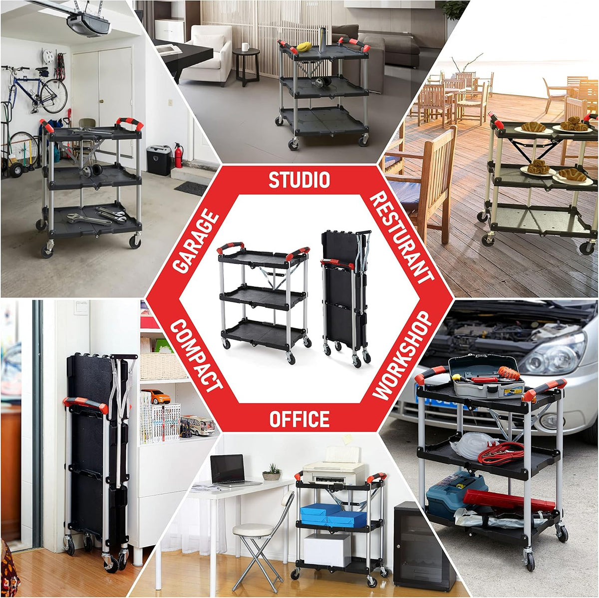 Black/Red Folding Collapsible Service Cart P414