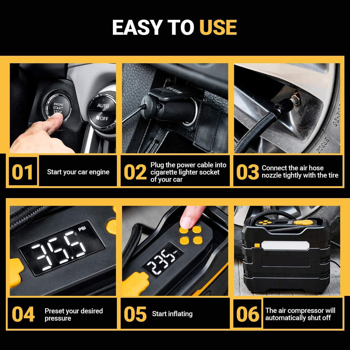 Yellow 2Pcs Portable Car Tire Inflator Air Compressor I64361