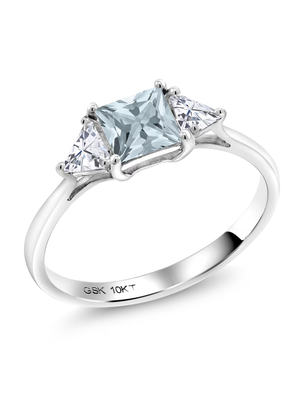10K White Gold Sky Blue Aquamarine White Moissanite 3 Stone Engagement Ring P9893