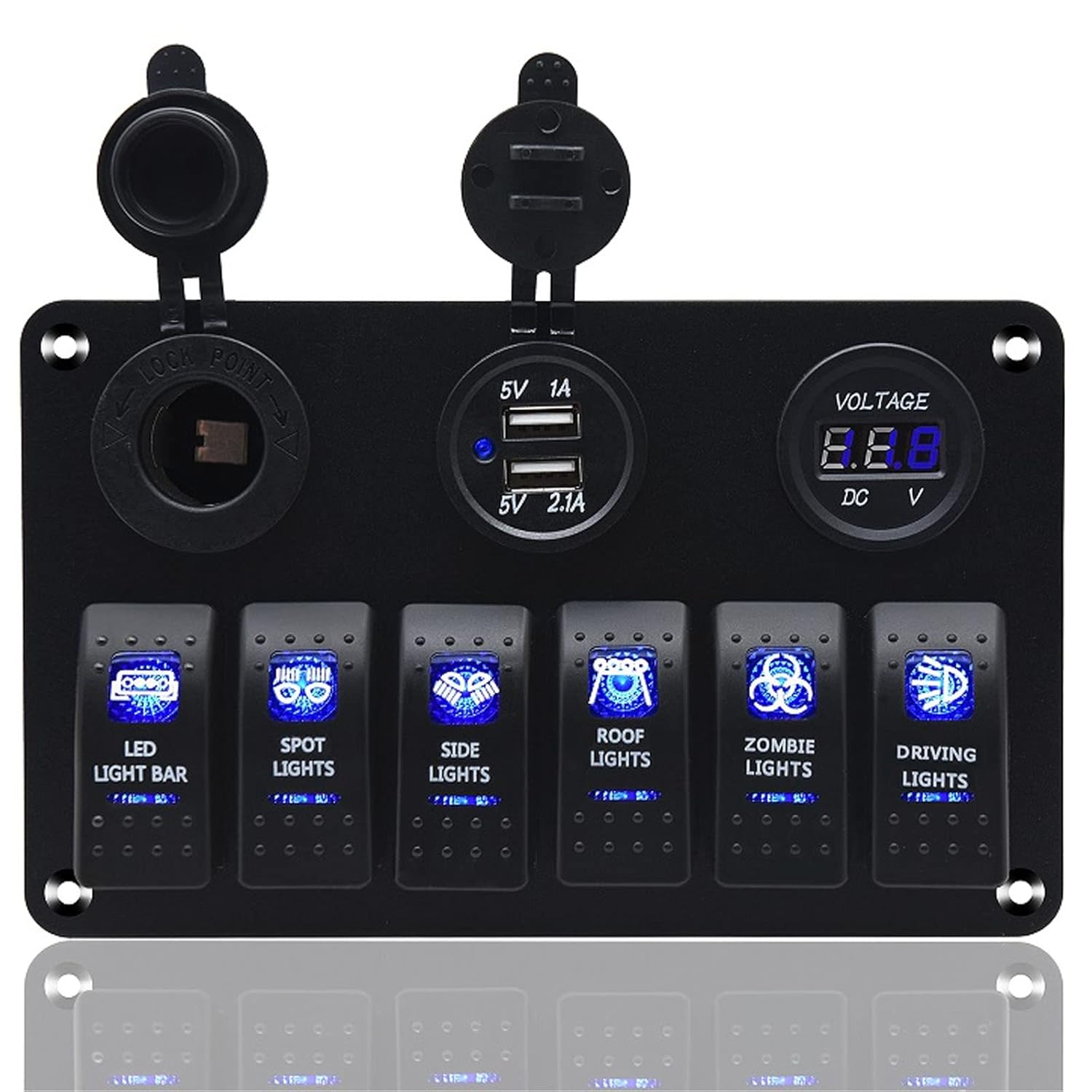 Waterproof Rocker Marine Switch Panel with USB, Blue LED, Pack of 2 A4035