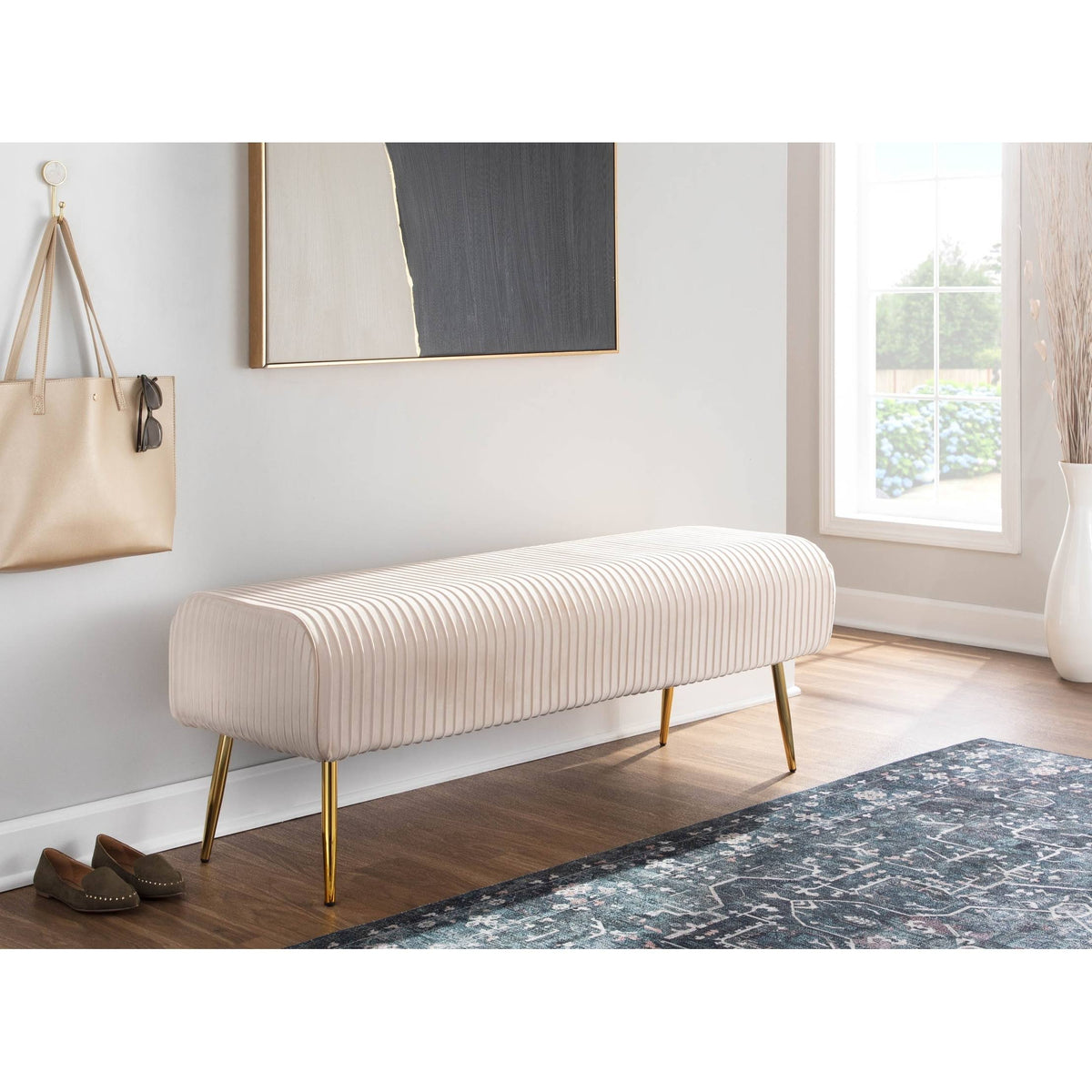 Silver Velvet and Gold Steel Pleated Bench U8512