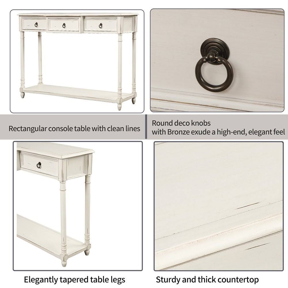 Antique White Console Table with Projecting Drawers and Long Shelf K1497