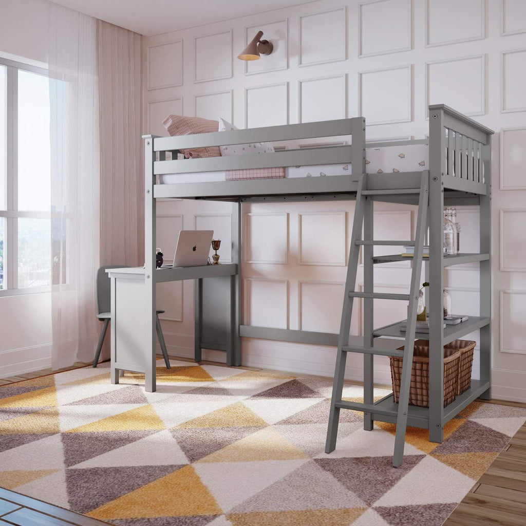 White Twin High Loft Bed with Bookcase and Desk T9336