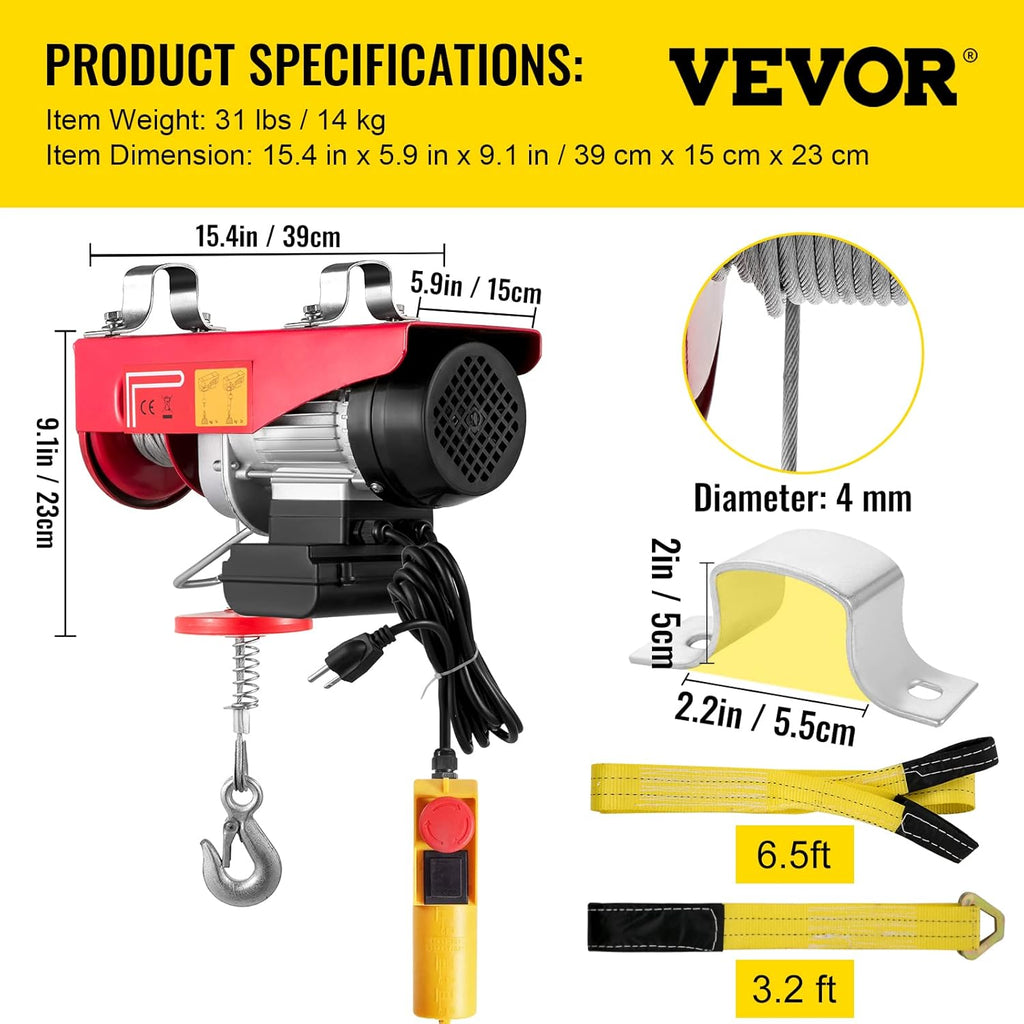 880LBS 110V Electric Hoist with Remote Control Y30118