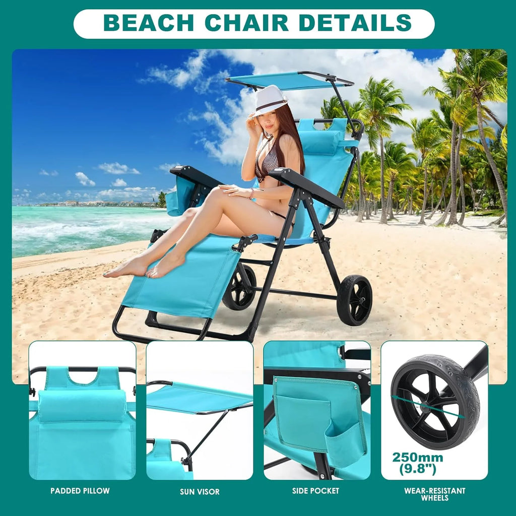 2 in 1 Foldable Chaise Lounge Chair with Wagon Cart and Wheels O64274