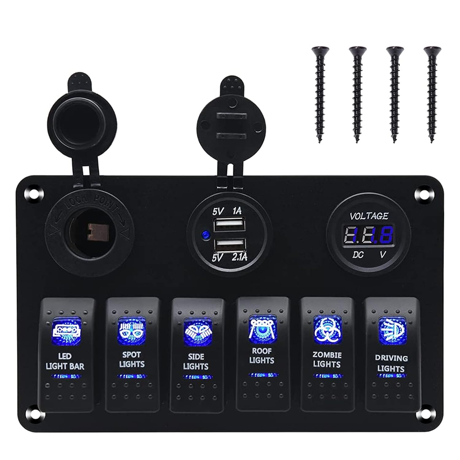 Waterproof Rocker Marine Switch Panel with USB, Blue LED, Pack of 2 A4035