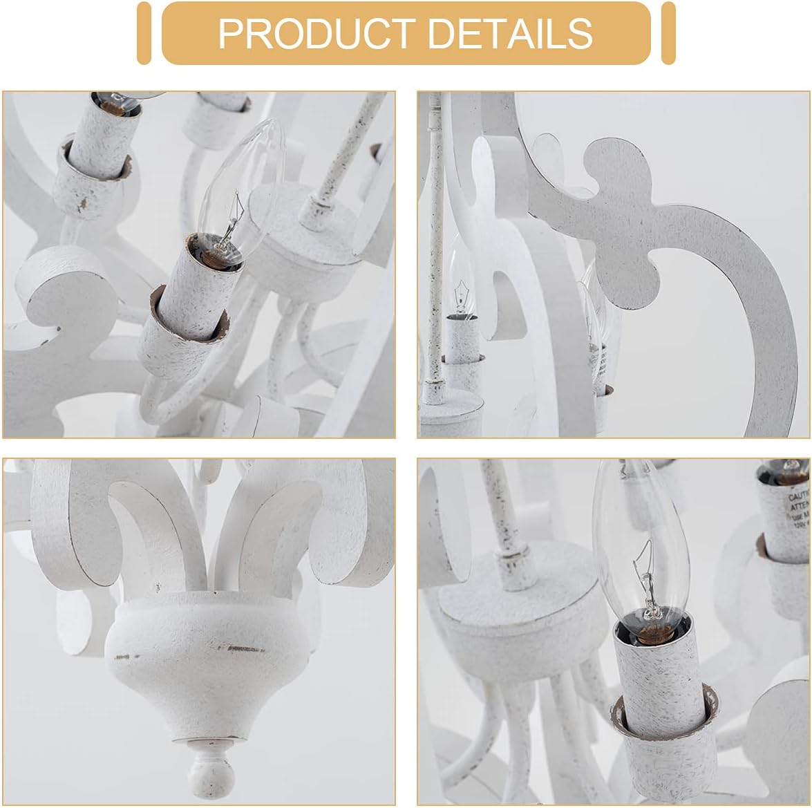 Farmhouse Chandelier 6 Candle Lights Distressed White Wood Light Fixture, 21 INCH M60704