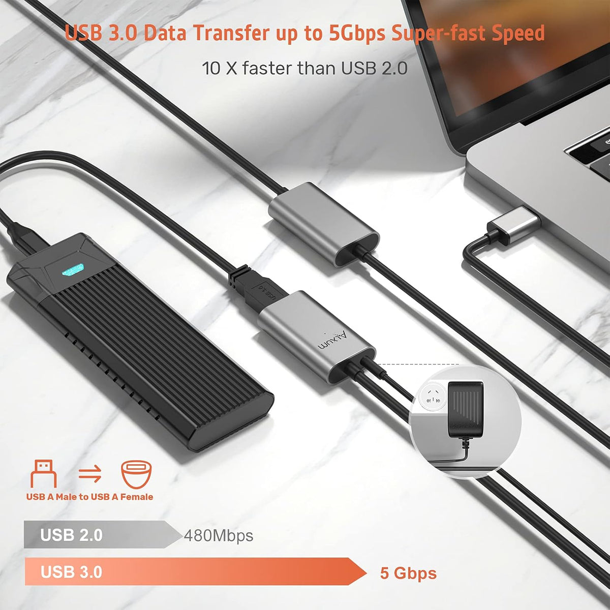 50 Feet Active USB 3.0 Male to Female Extension Cable with Power Adapter Z6378
