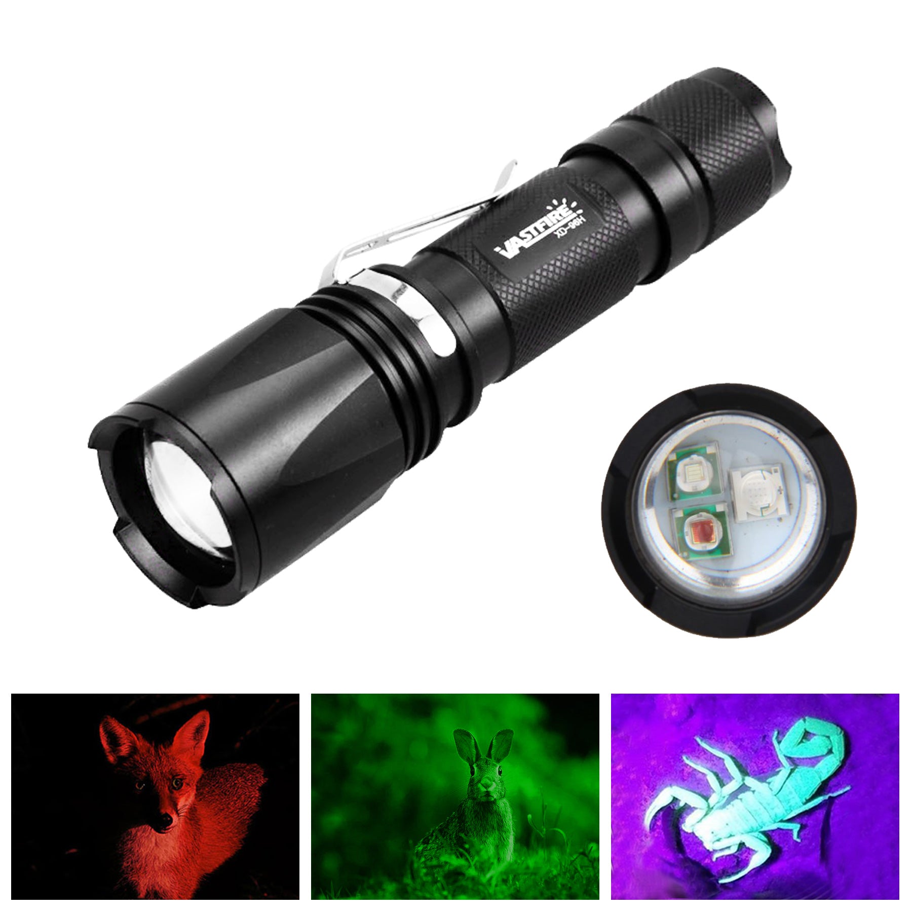 Zoomable Green Red UV Flashlight Black Light Tactical Torch T7254