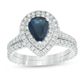 14K White Gold Blue Sapphire Diamond Bridal Engagement Ring Set E13478