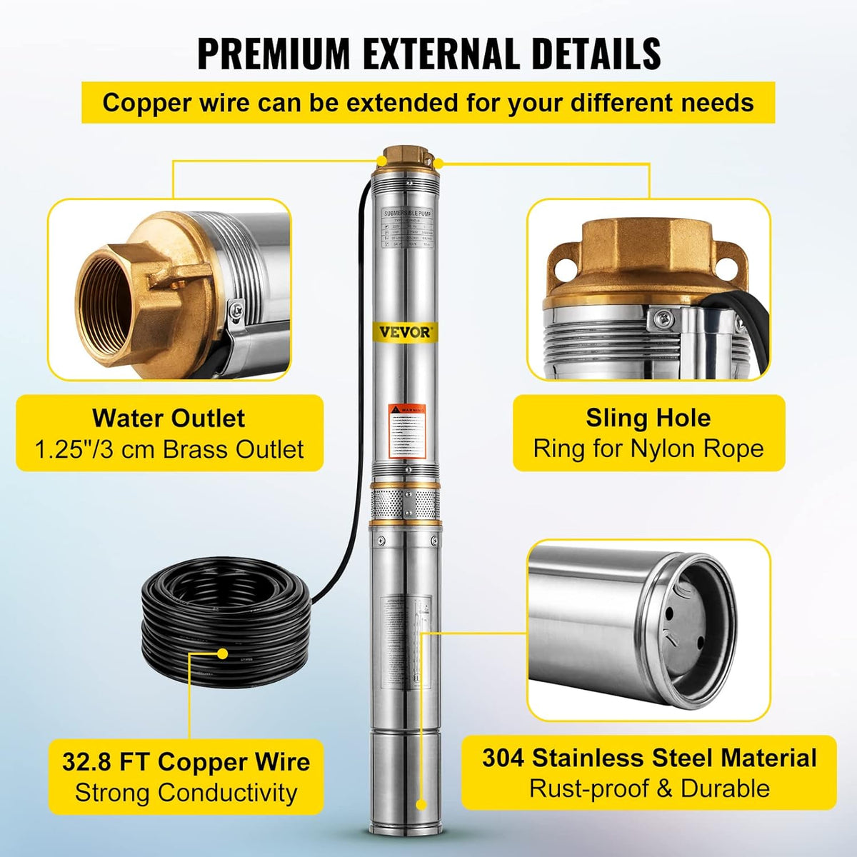 1 HP Submersible Well Pump 33GPM 207ft Head 9.8ft Cable Stainless Steel A7343