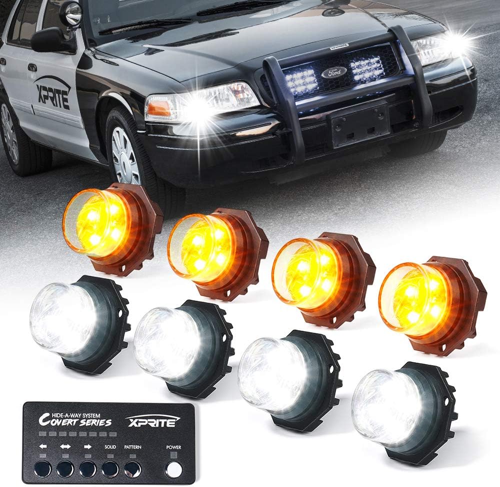 White Amber LED Strobe Lights Kit, Surface Mount Flashing Hazard Warning Light - 8 PCS T74313
