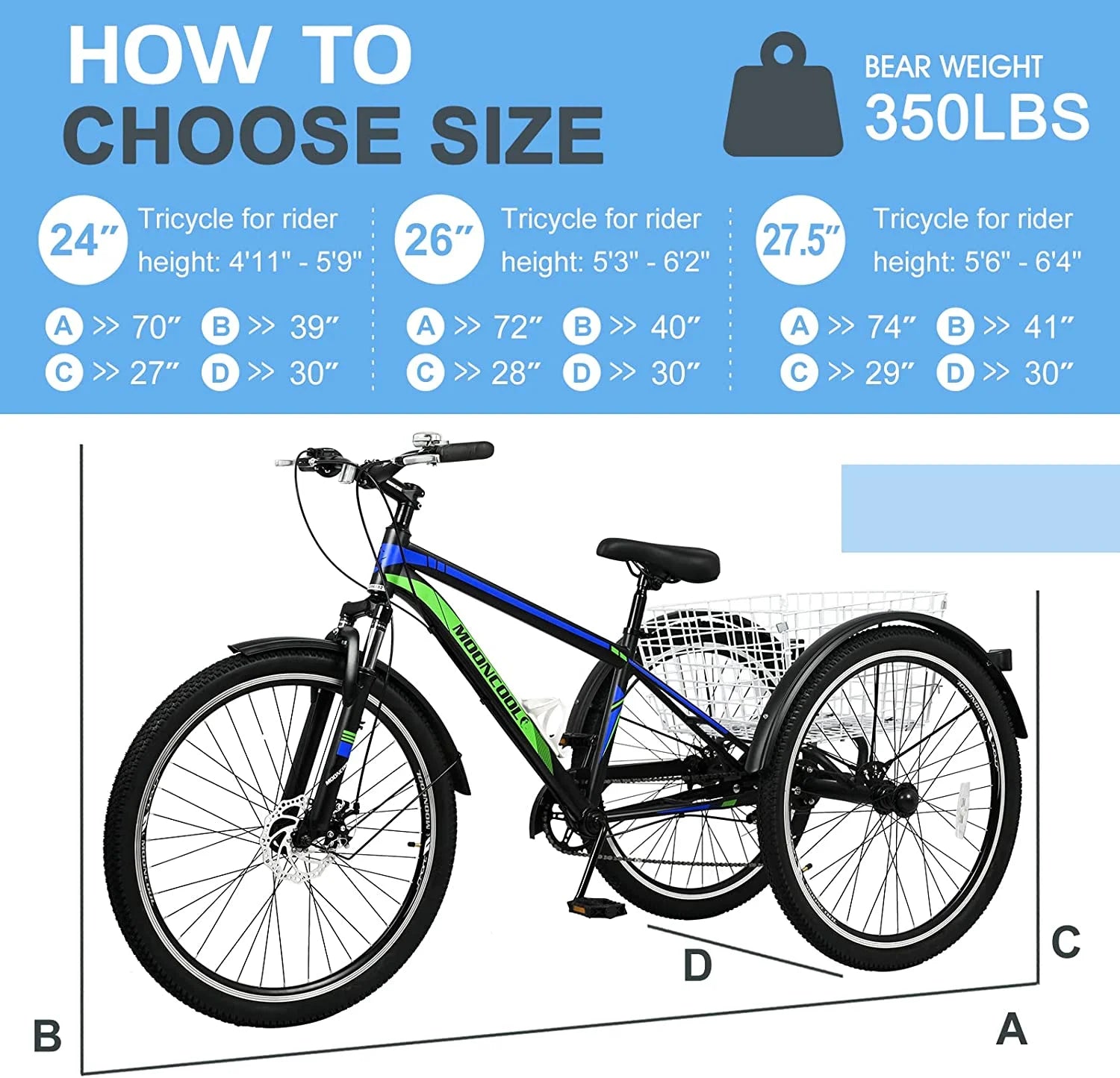 Adult Mountain Tricycle 27.5 Inch 7 Speed Three Wheel Trike Bike with Large Basket Y3573