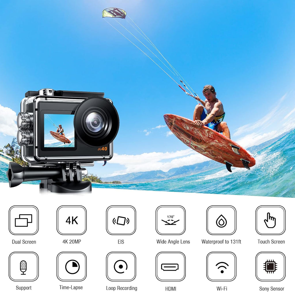 4K Waterproof Action Camera with 2 Batteries and Mounting Accessories Kit P72555