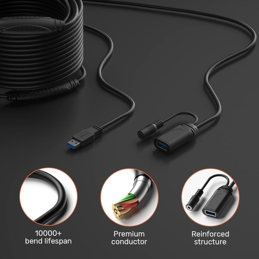 50 Feet Active USB 3.0 Male to Female Extension Cable with Power Adapter Z6378
