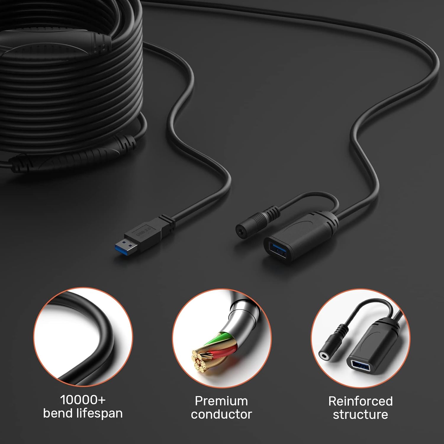 50 Feet Active USB 3.0 Male to Female Extension Cable with Power Adapter Z6378