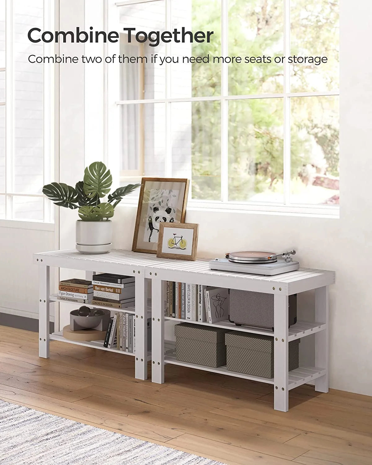 White 3-Tier Bamboo Shoe Rack Bench J376664