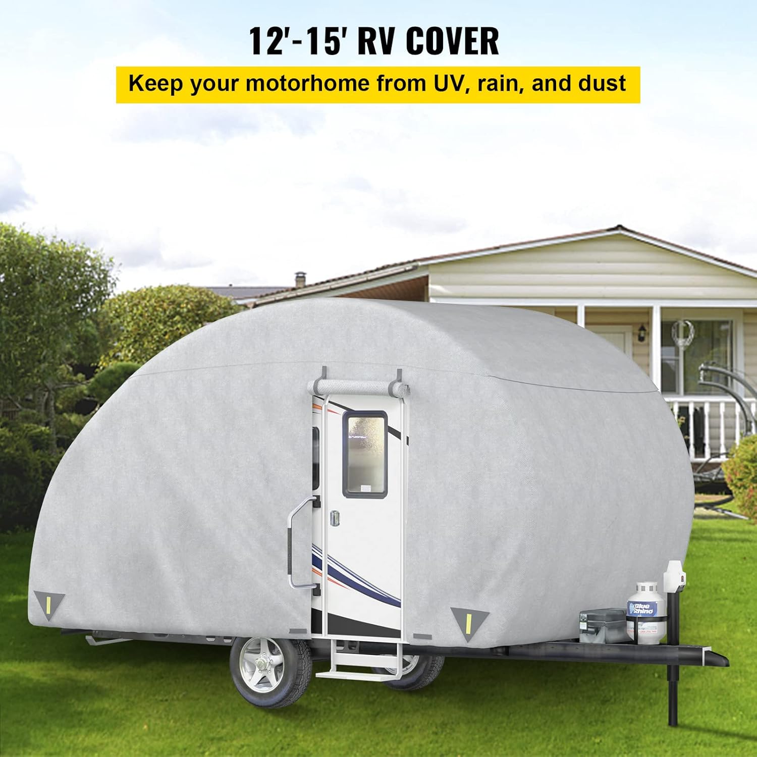 Teardrop Trailer Cover, Fit for 12' - 15' Trailers, Non-Woven 4 Layers Camper Cover with 2 Wind-proof Straps and 1 Storage Bag R622519