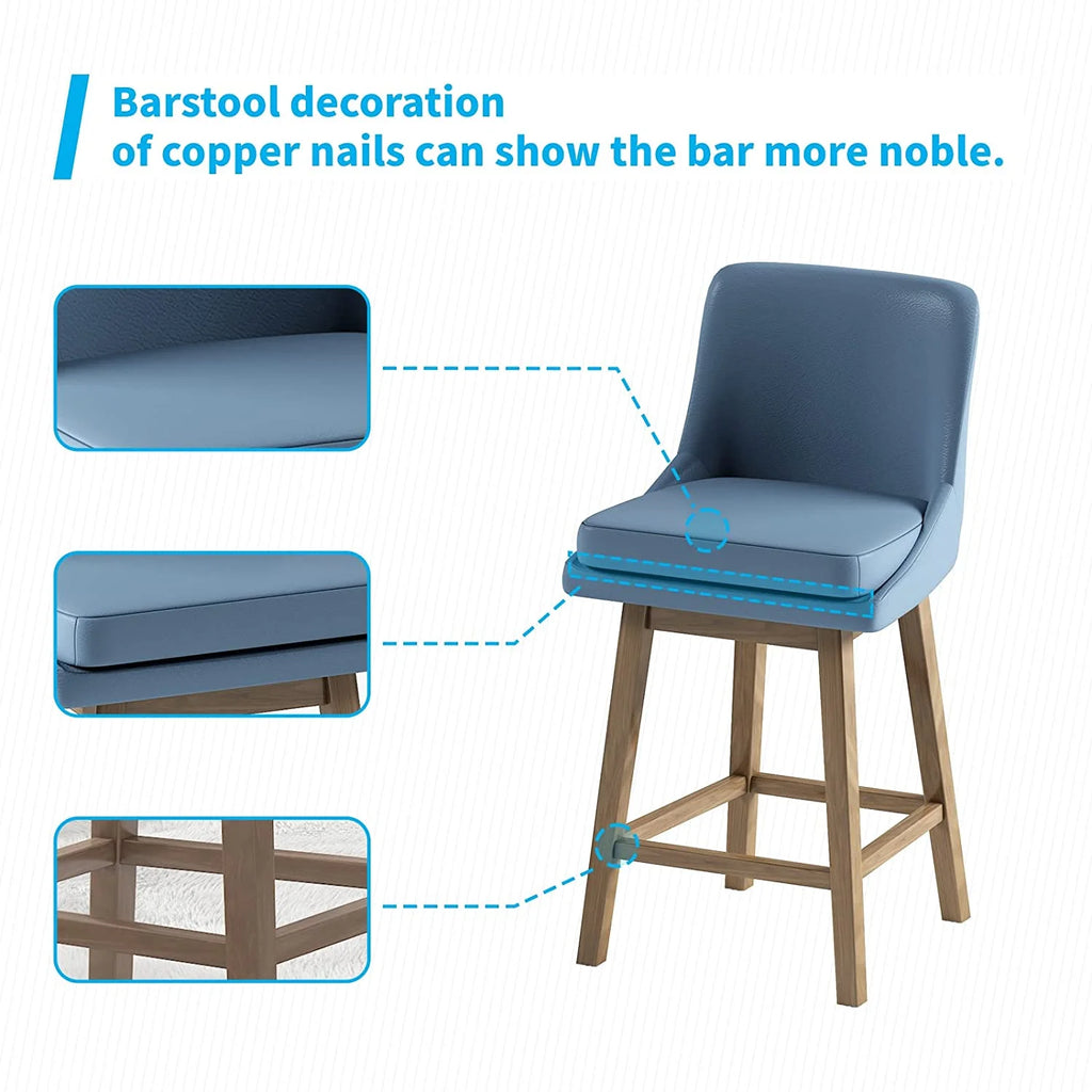26" Counter Height Bar Stools, Solid Wood Faux Leather, Dark Blue Set of 4 T9374
