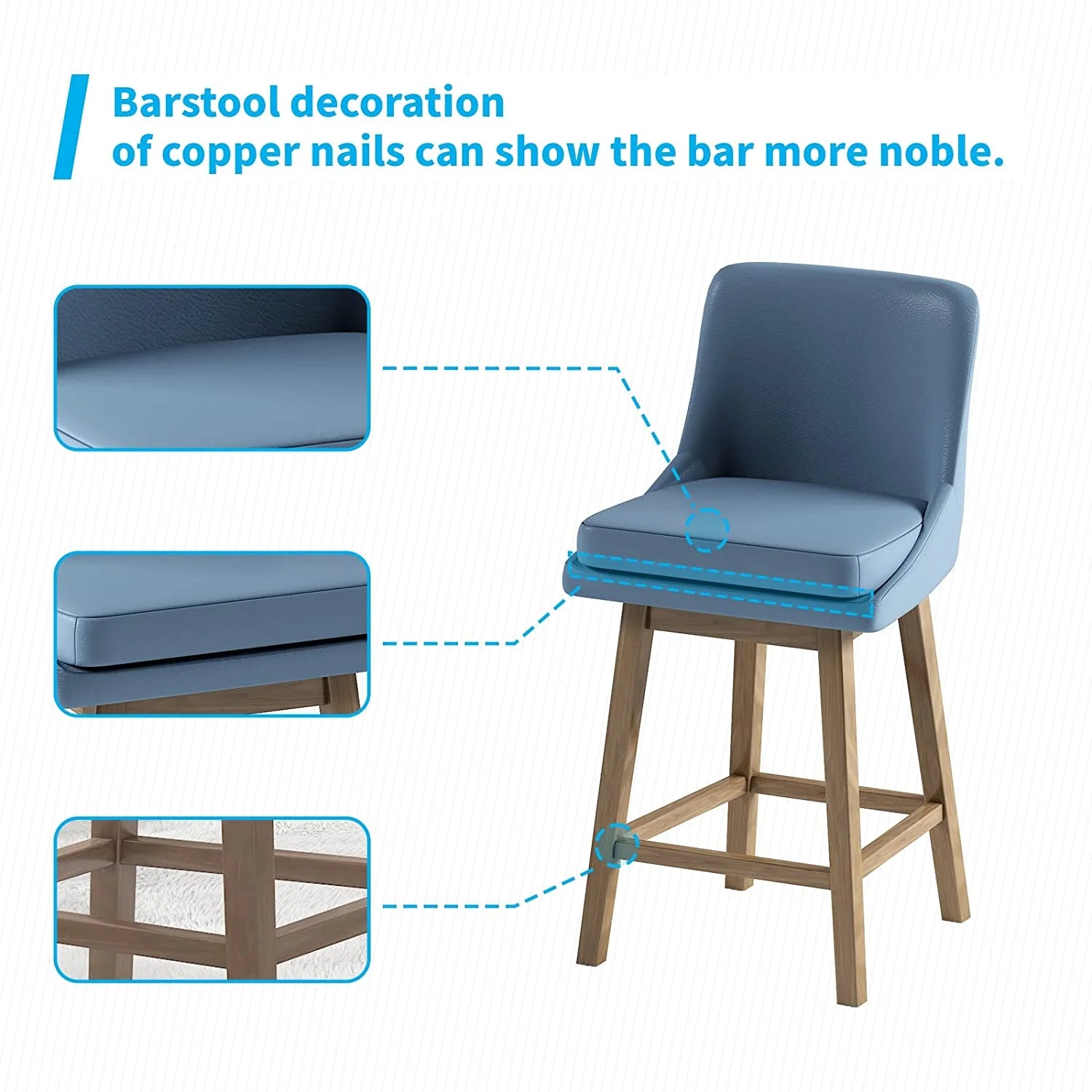 26" Counter Height Bar Stools, Solid Wood Faux Leather, Dark Blue Set of 4 T9374