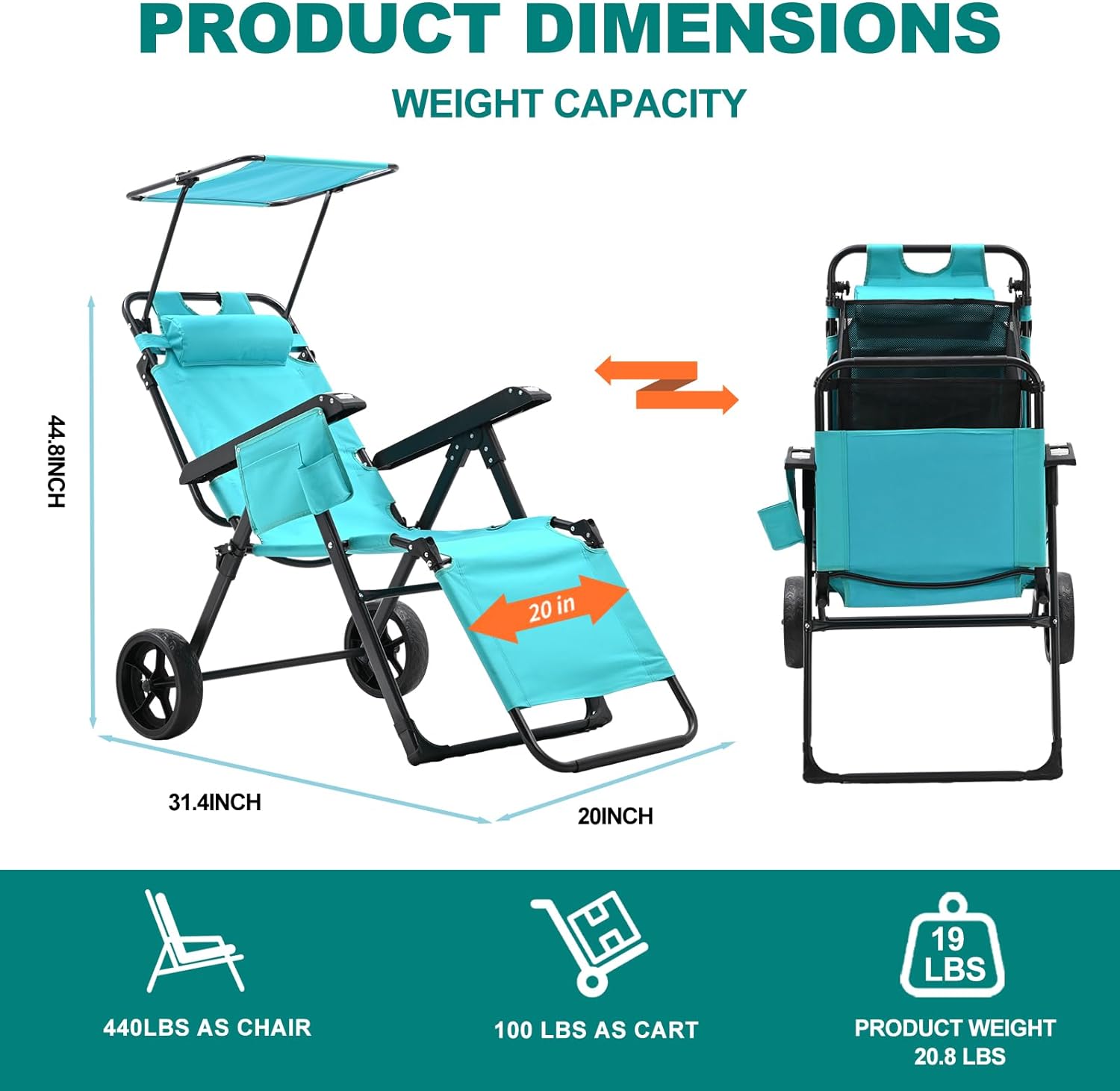 2 in 1 Foldable Chaise Lounge Chair with Wagon Cart and Wheels O64274