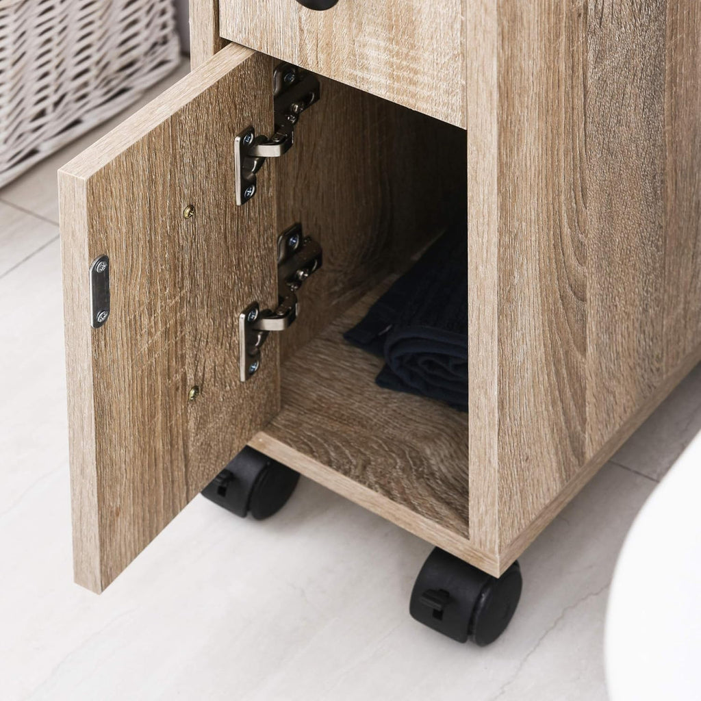 Oak Grain Color Freestanding Bathroom Cabinet with 2 Open Cabinets, 1 Door Cabinet, 1 Drawer and 4 Rolling Wheels R6473