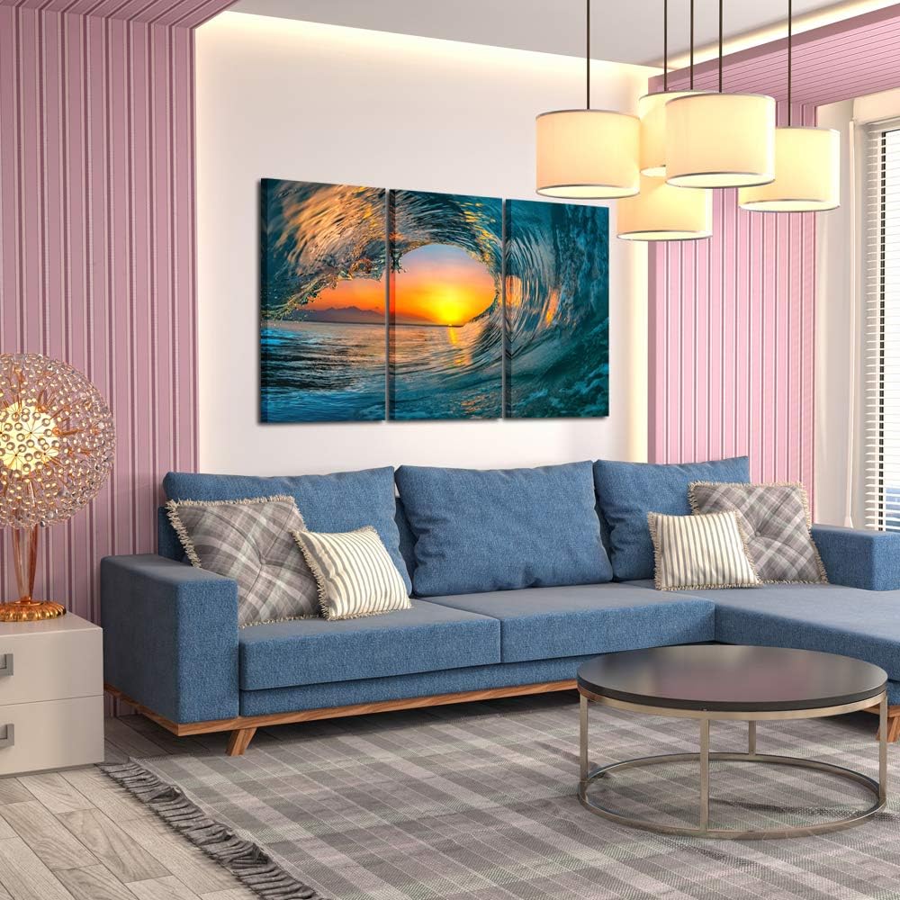 3 Pieces Large Canvas Prints Wall Art Sunset Sea Water Ocean Wave Paintings Stretched and Framed Seascape Giclee Artwork Ready to Hang J987484