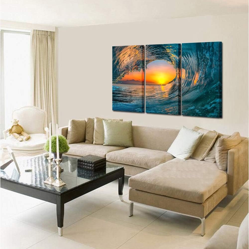 3 Pieces Large Canvas Prints Wall Art Sunset Sea Water Ocean Wave Paintings Stretched and Framed Seascape Giclee Artwork Ready to Hang J987484