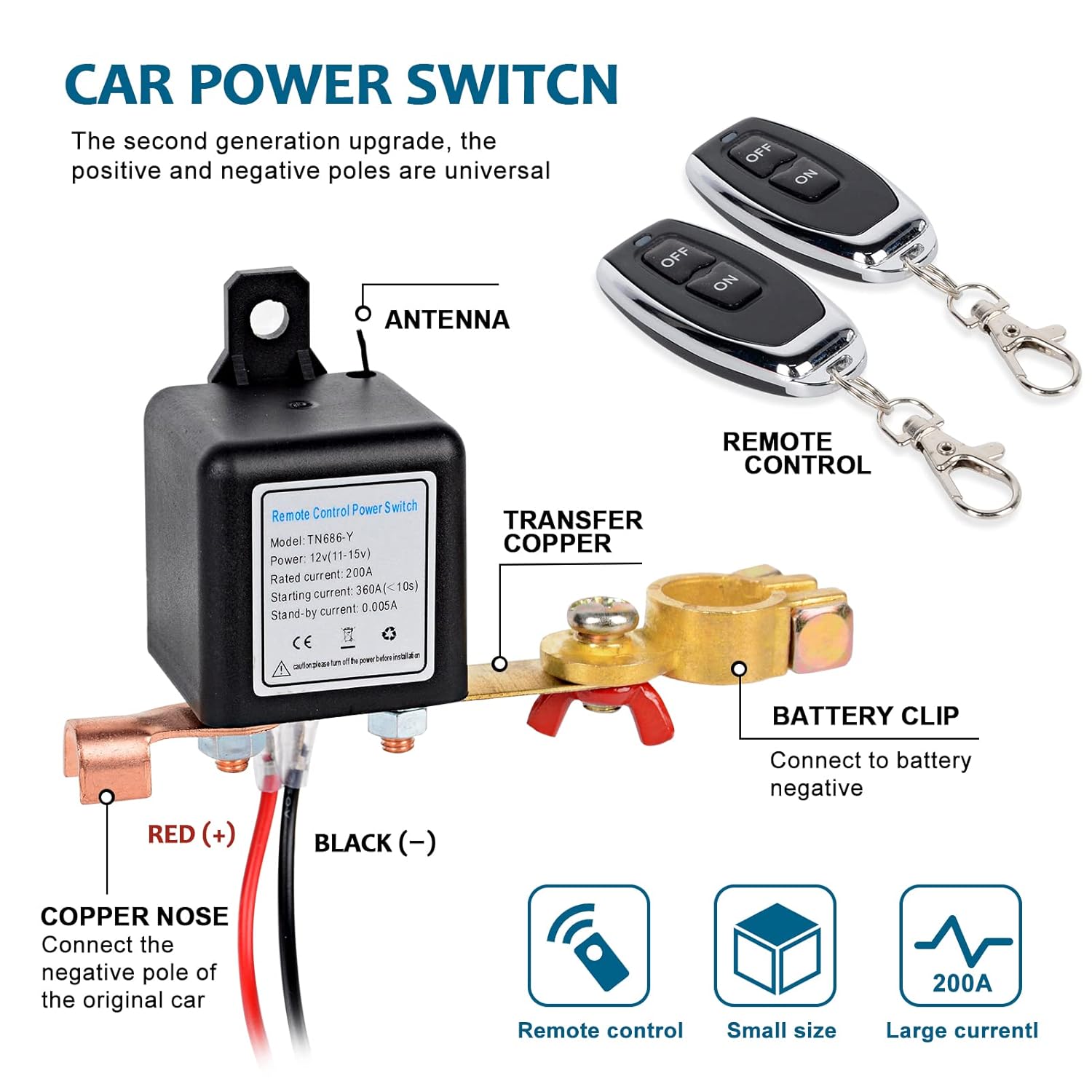 Wireless Remote Control Battery Disconnect Switch for Car DC12V 200A Y94820